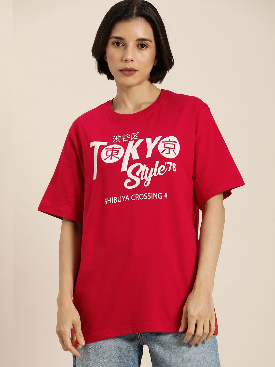 DILLINGER Women Red & White Typography Printed Pure Cotton Oversized T-shirt