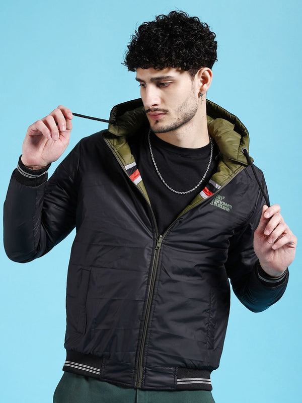 The Indian Garage Co Olive Green & Black Hooded Reversible Puffer Jacket