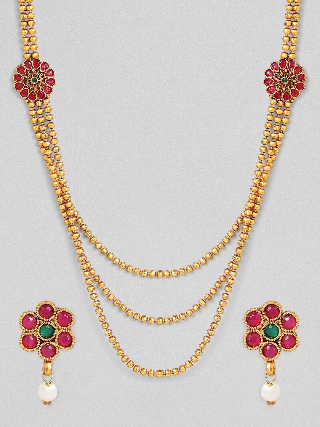 Rubans Gold-Plated & Ruby Stone Studded Handcrafted Layered Jewellery Set