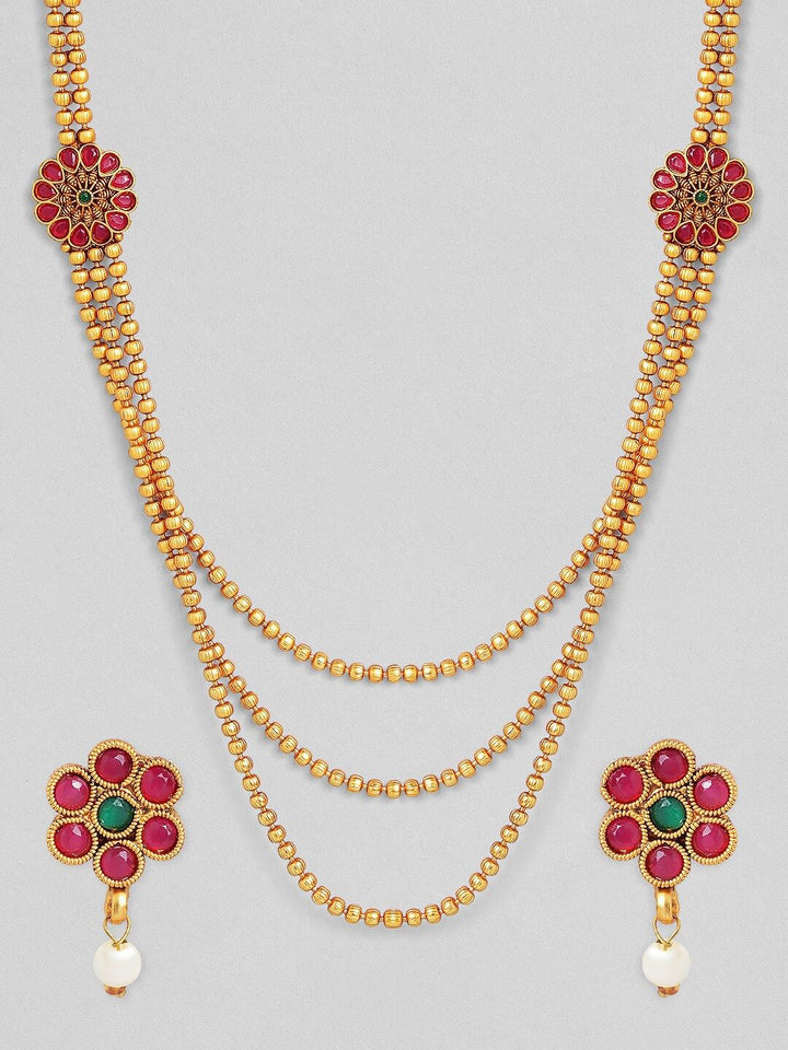 Rubans Gold-Plated & Ruby Stone Studded Handcrafted Layered Jewellery Set