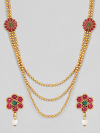 Rubans Gold-Plated & Ruby Stone Studded Handcrafted Layered Jewellery Set