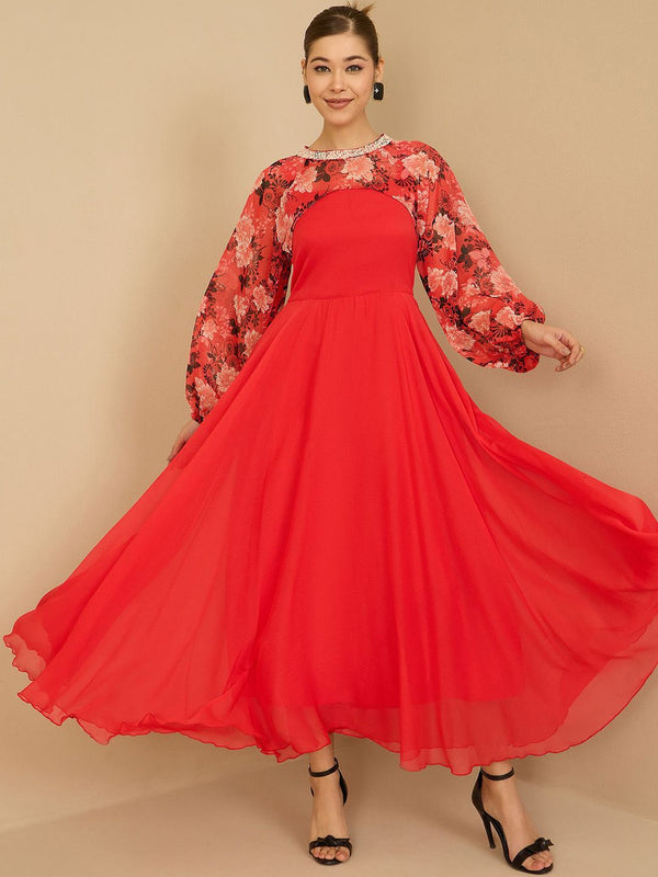 Antheaa Antheaa Women Printed Round Neck Embellished Maxi Dress