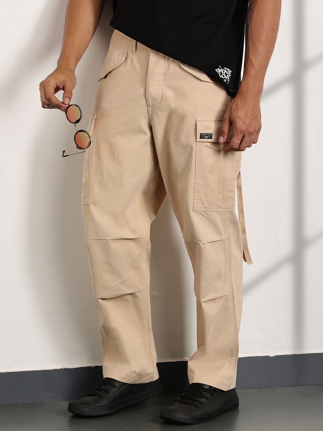 Thomas Scott Men Cricket Club Smart Loose Fit Cotton Cargos Trousers