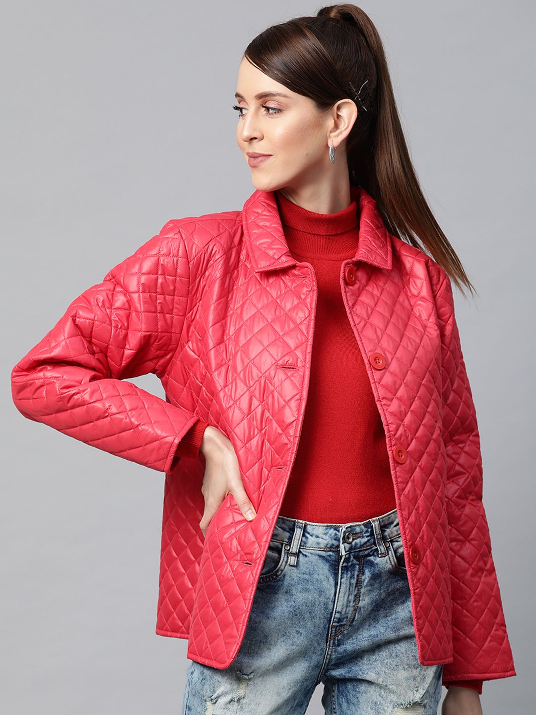 SASSAFRAS Women Red Solid Quilted Jacket