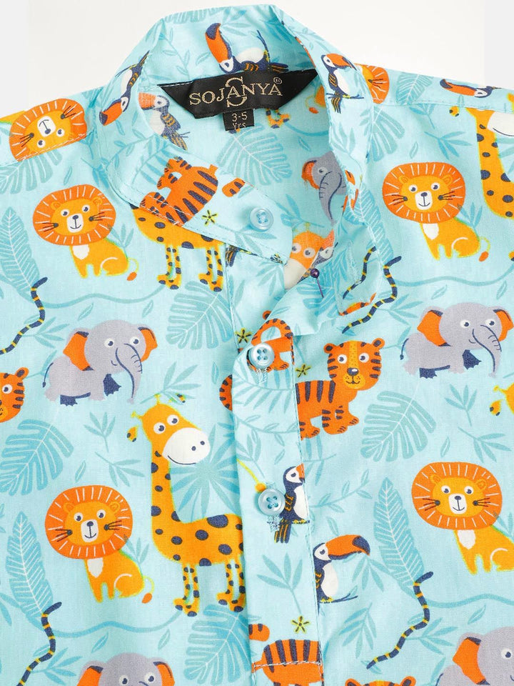 SOJANYA Boys Sea Green & Orange Jungle Print Band Collar Cotton Kurta