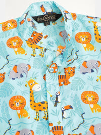 SOJANYA Boys Sea Green & Orange Jungle Print Band Collar Cotton Kurta