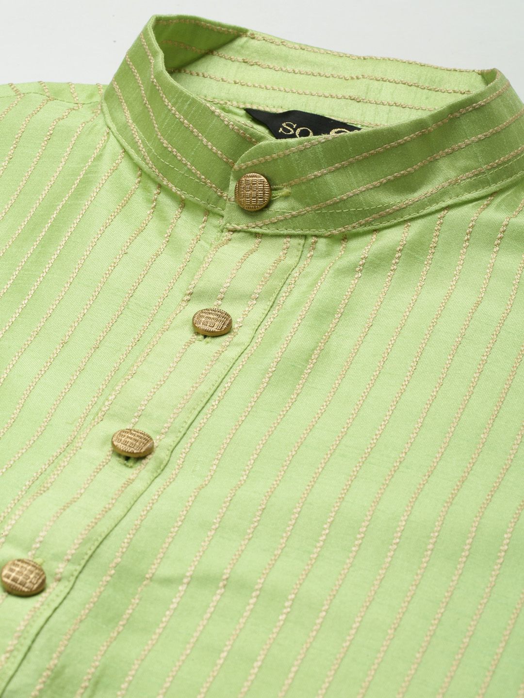 SOJANYA Men Green Striped Kurta with Churidar & Nehru Jacket