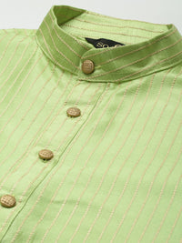 SOJANYA Men Green Striped Kurta with Churidar & Nehru Jacket