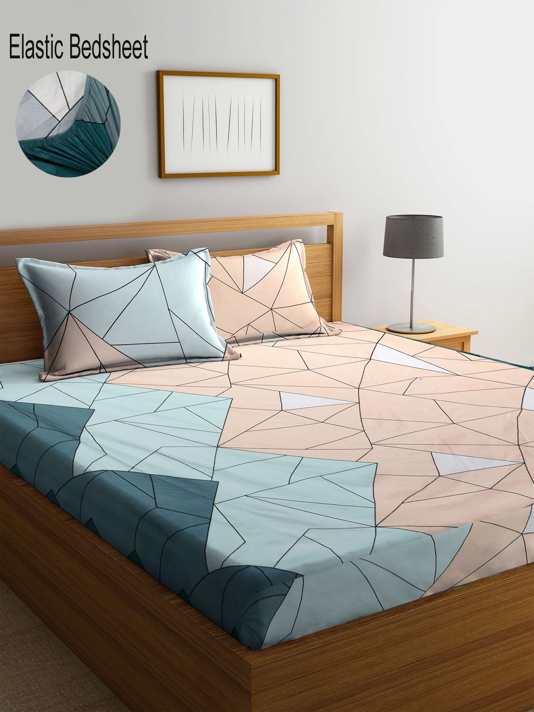 KLOTTHE Blue & Pink Geometric 300 TC King Fitted Bedsheet With 2 Pillow Covers