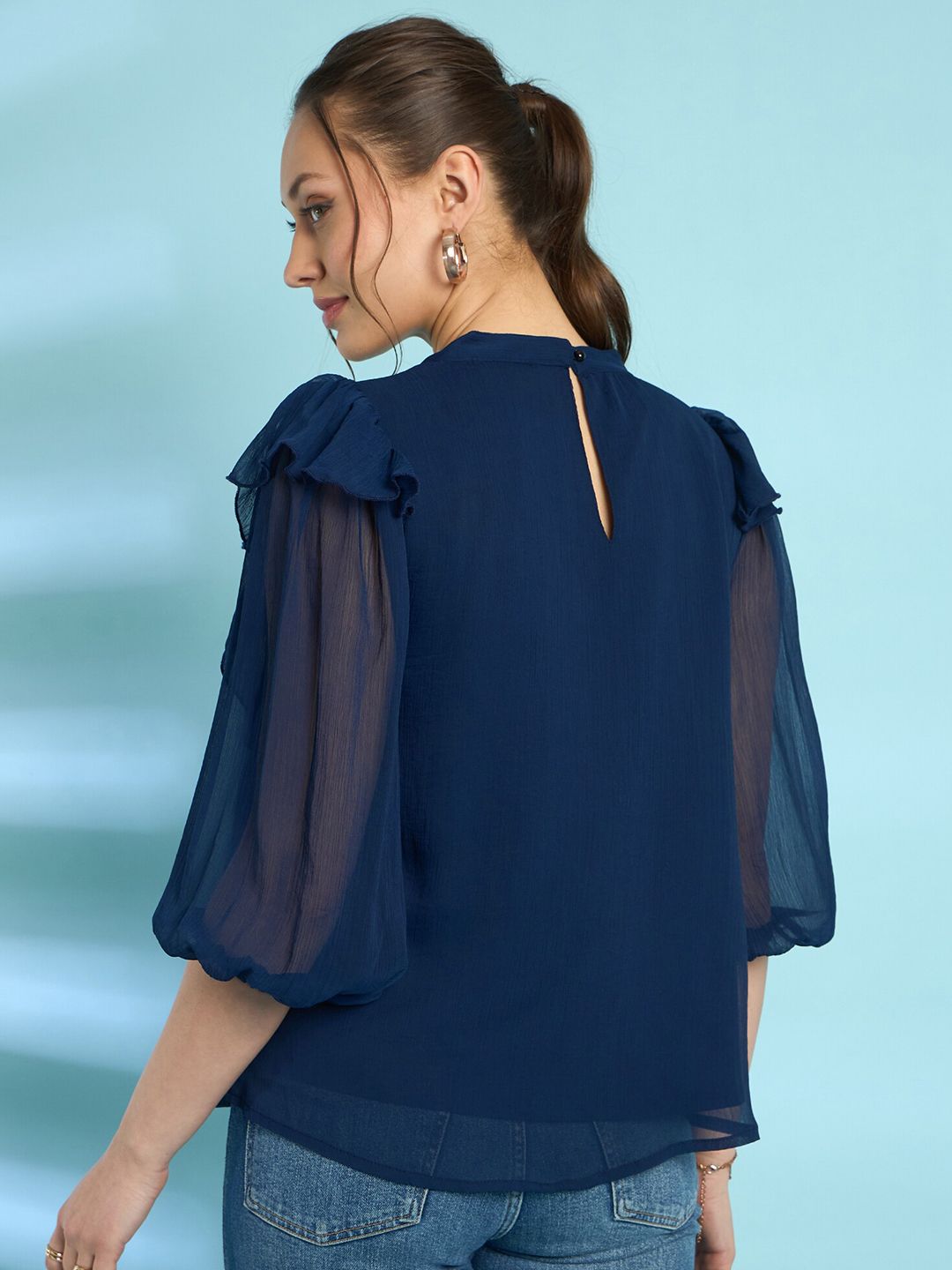 Antheaa Navy Round Neck Flared Sleeve Chiffon A-Line Top
