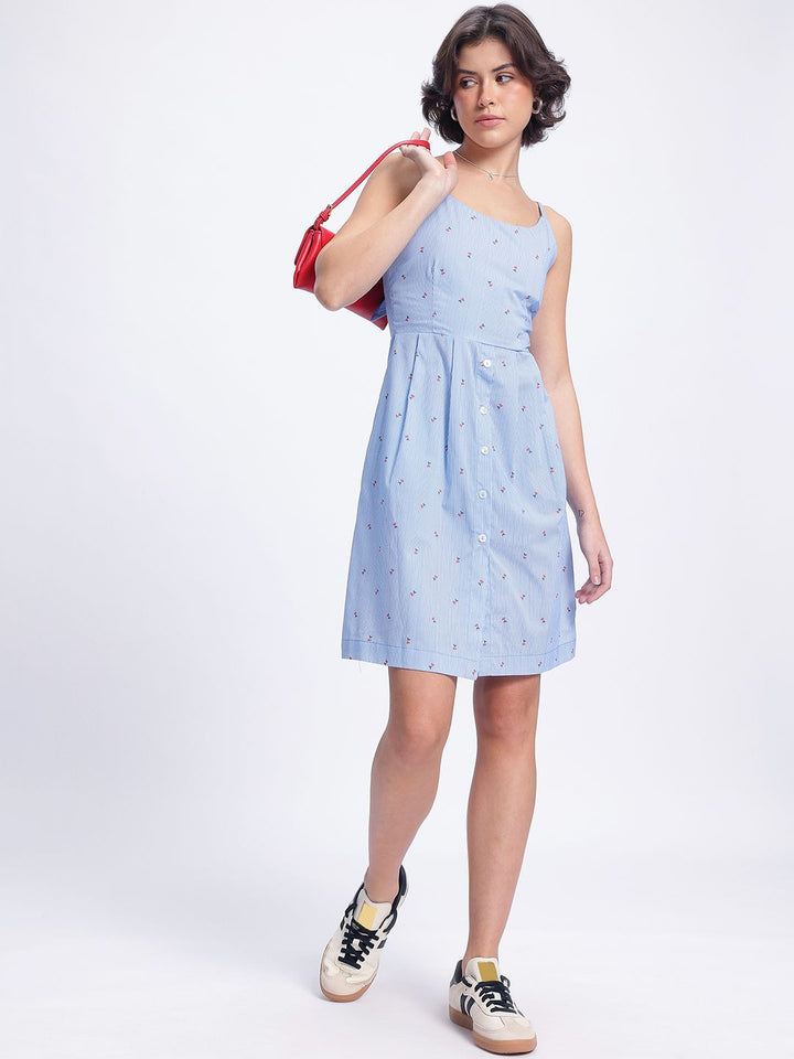 DressBerry Youthful Charm Striped Ditsy Print Pleated A-line Dress with Styled Back