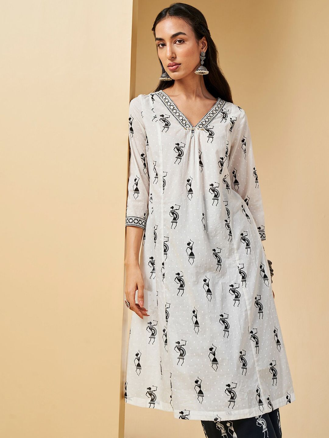 Global Desi Embroidered Flared Sleeves Thread Work Cotton Kurta