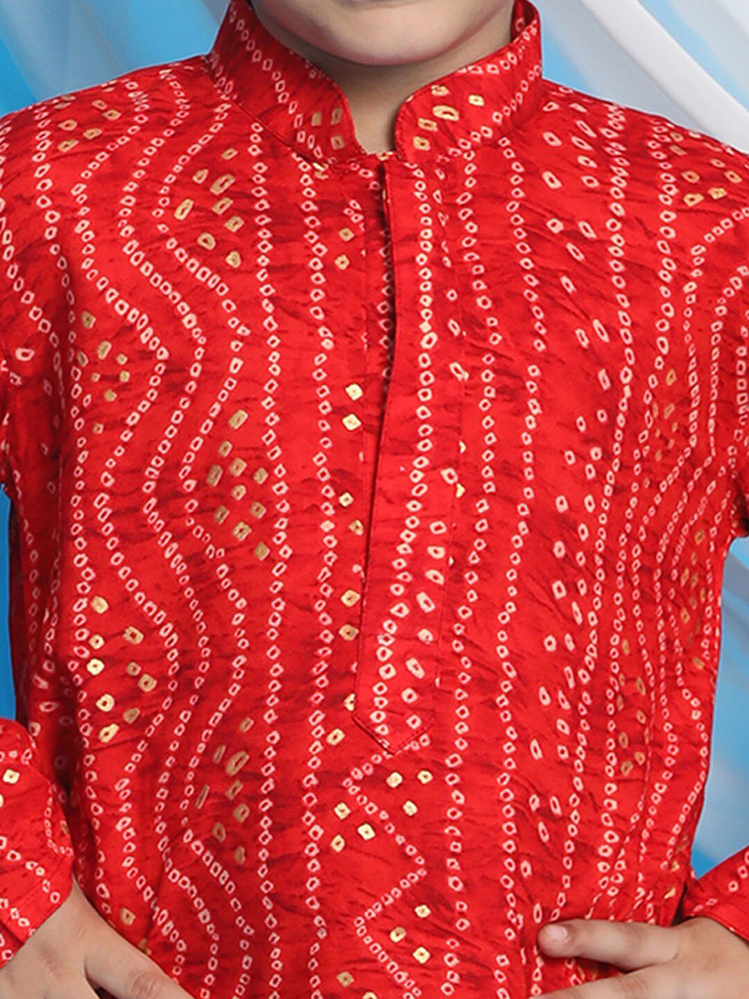 VASTRAMAY Boys Red Bandhani Printed Kurta with Dhoti Pants