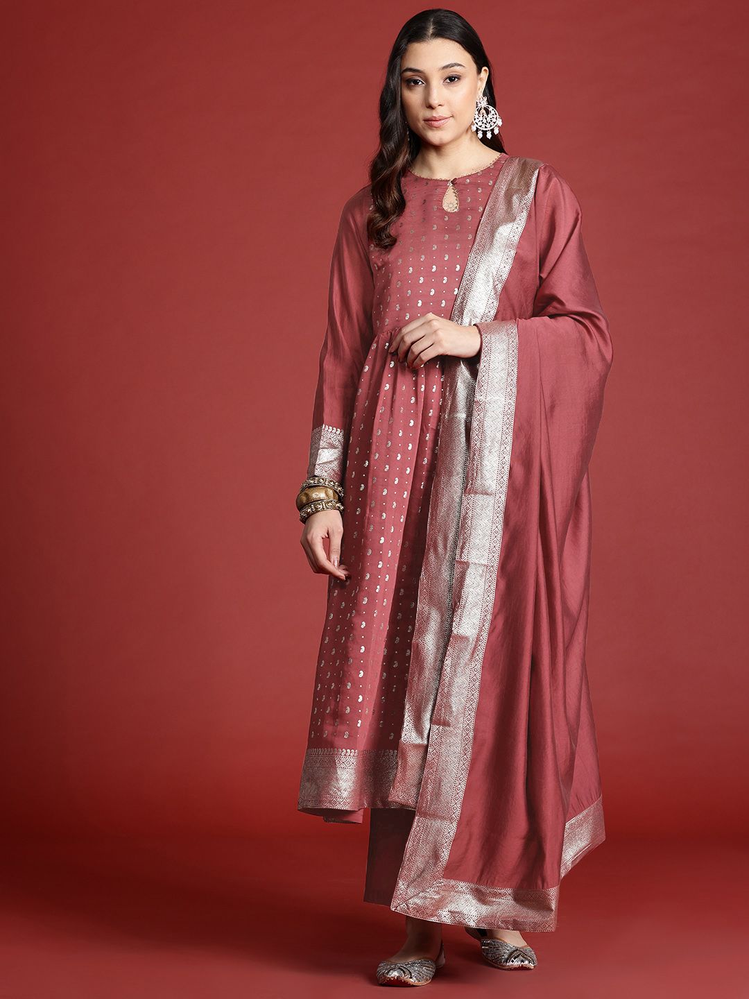 Anouk Women Ethnic Motifs Pleated Gotta Patti Kurta with Trousers & Dupatta