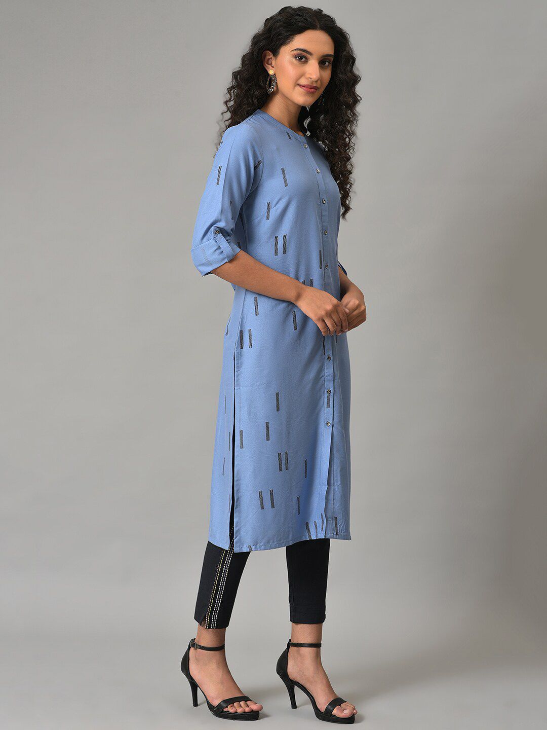 W Printed Band Collar Roll Up Sleeves Kurta