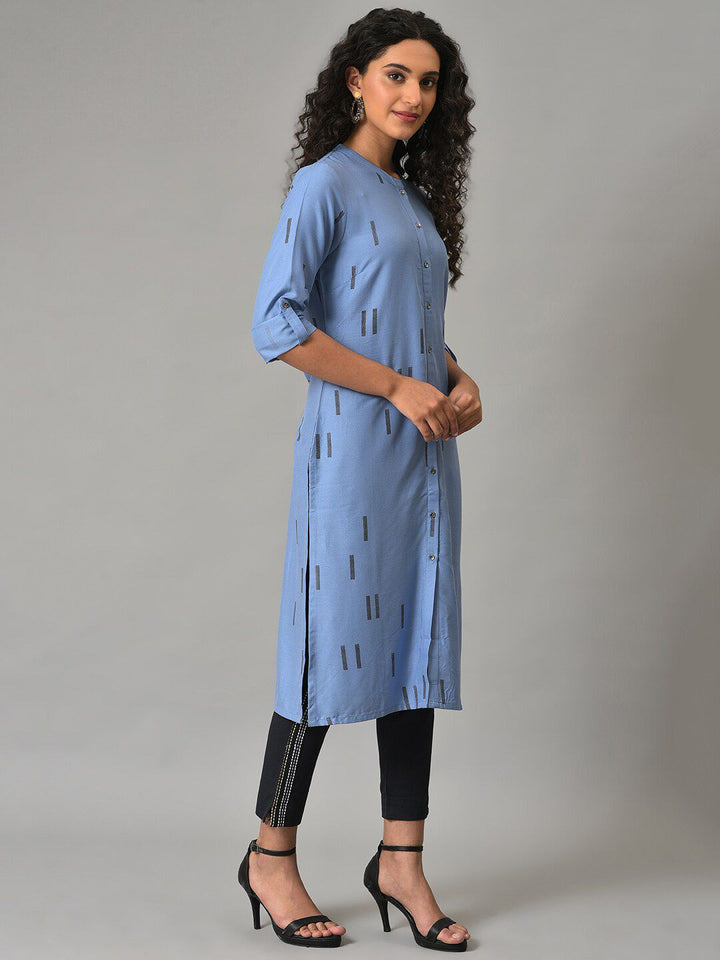 W Printed Band Collar Roll Up Sleeves Kurta