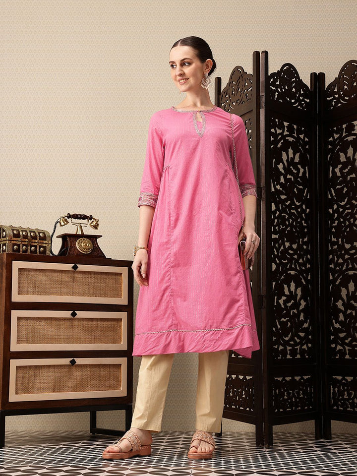 House of Pataudi Striped Keyhole Neck Sequinned A-Line Jashn Kurta
