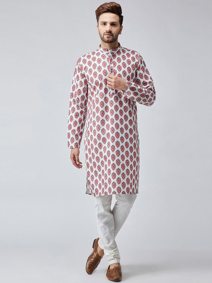 SOJANYA Men White & Red Printed Straight Kurta