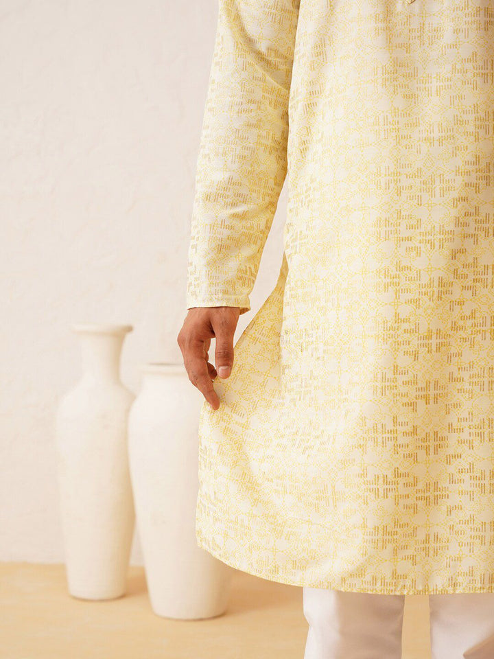 SOJANYA Band Collar Long Sleeves Woven Design Pure Cotton Straight Kurta with Churidar
