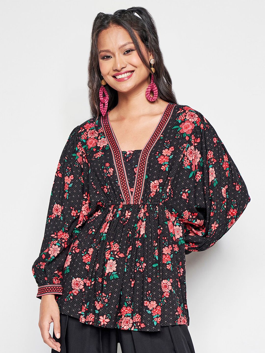 Global Desi Floral Printed Extended Sleeves Top