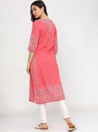 Vishudh Women Pink & White Geometric Printed Cotton Kurta