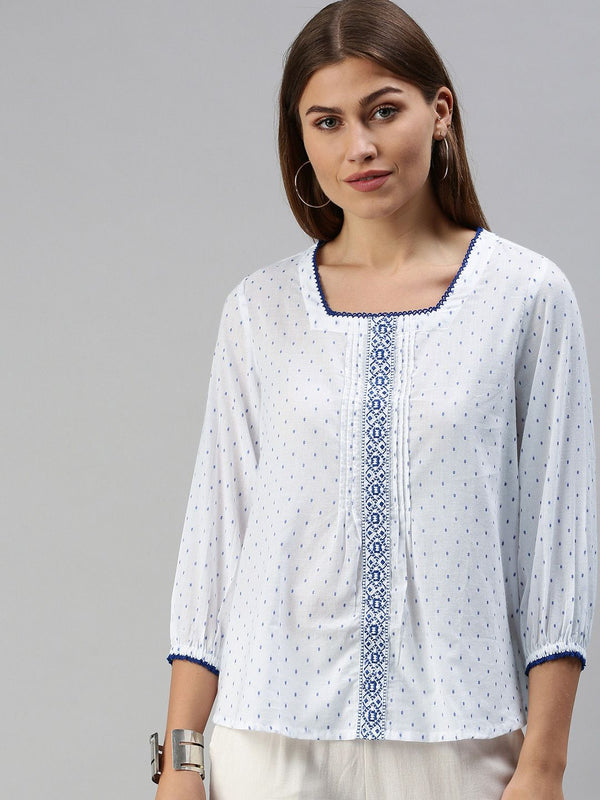 Global Desi White & Blue Embroidered Sqaure Neck Pleated Blouson Top