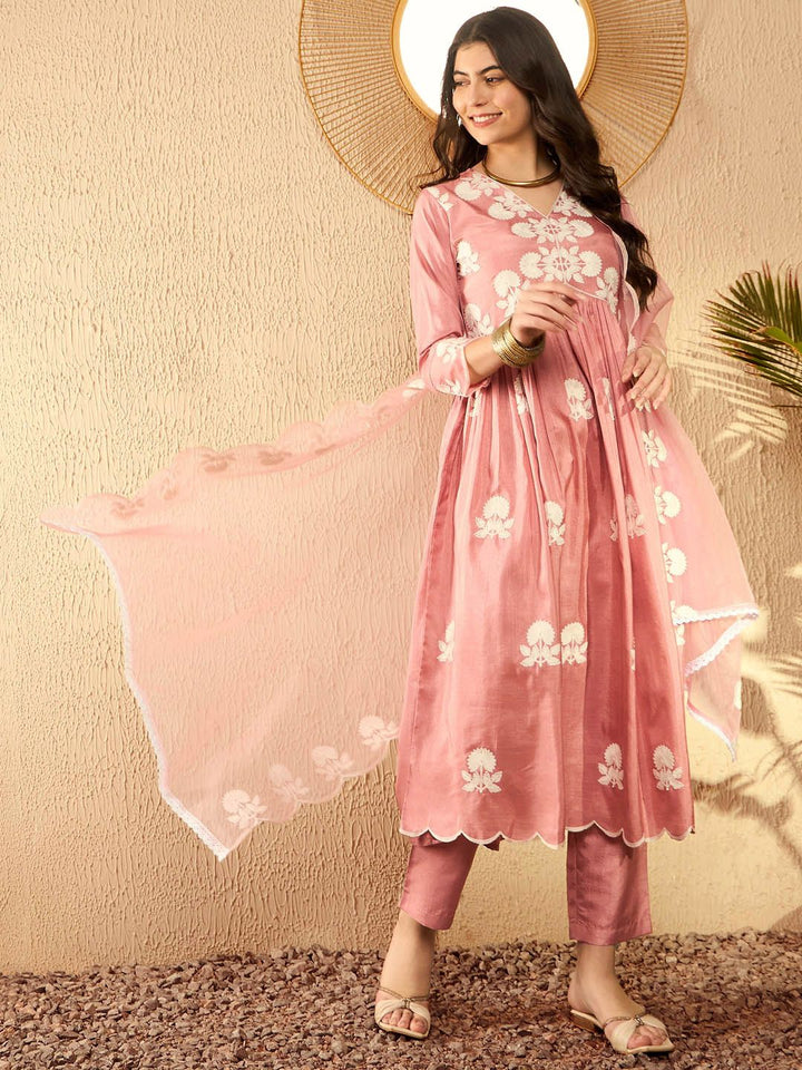 KALINI Women Embroidered Empire Thread Work Kurta with Trousers & With Dupatta