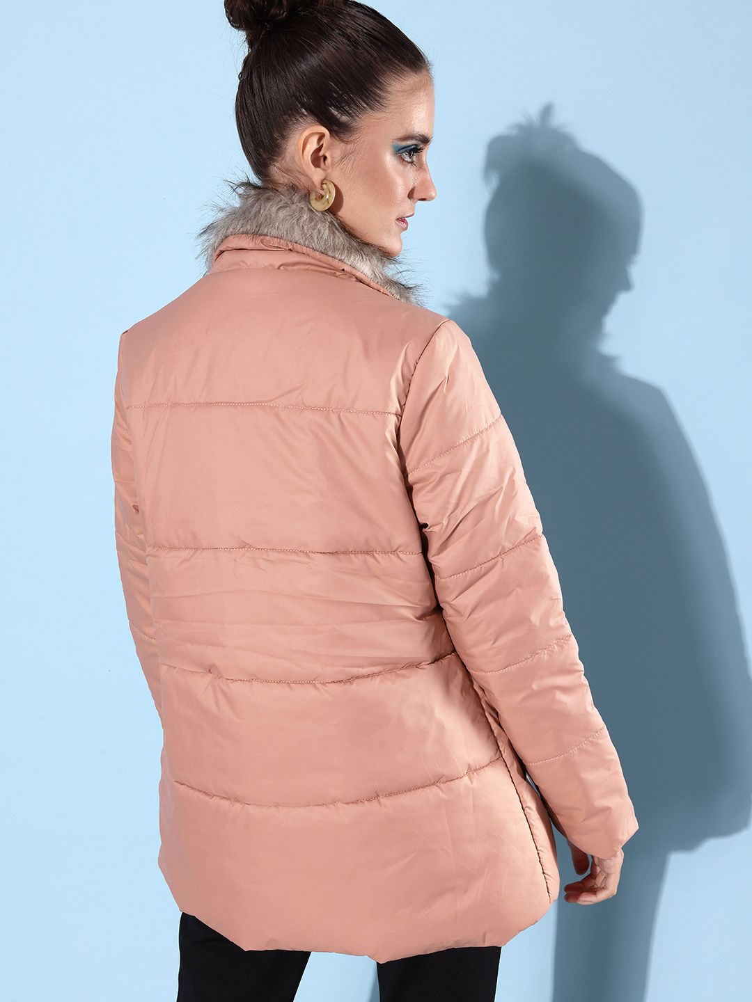 DressBerry Women Longline Padded Jacket With Faux Fur Trim Detail
