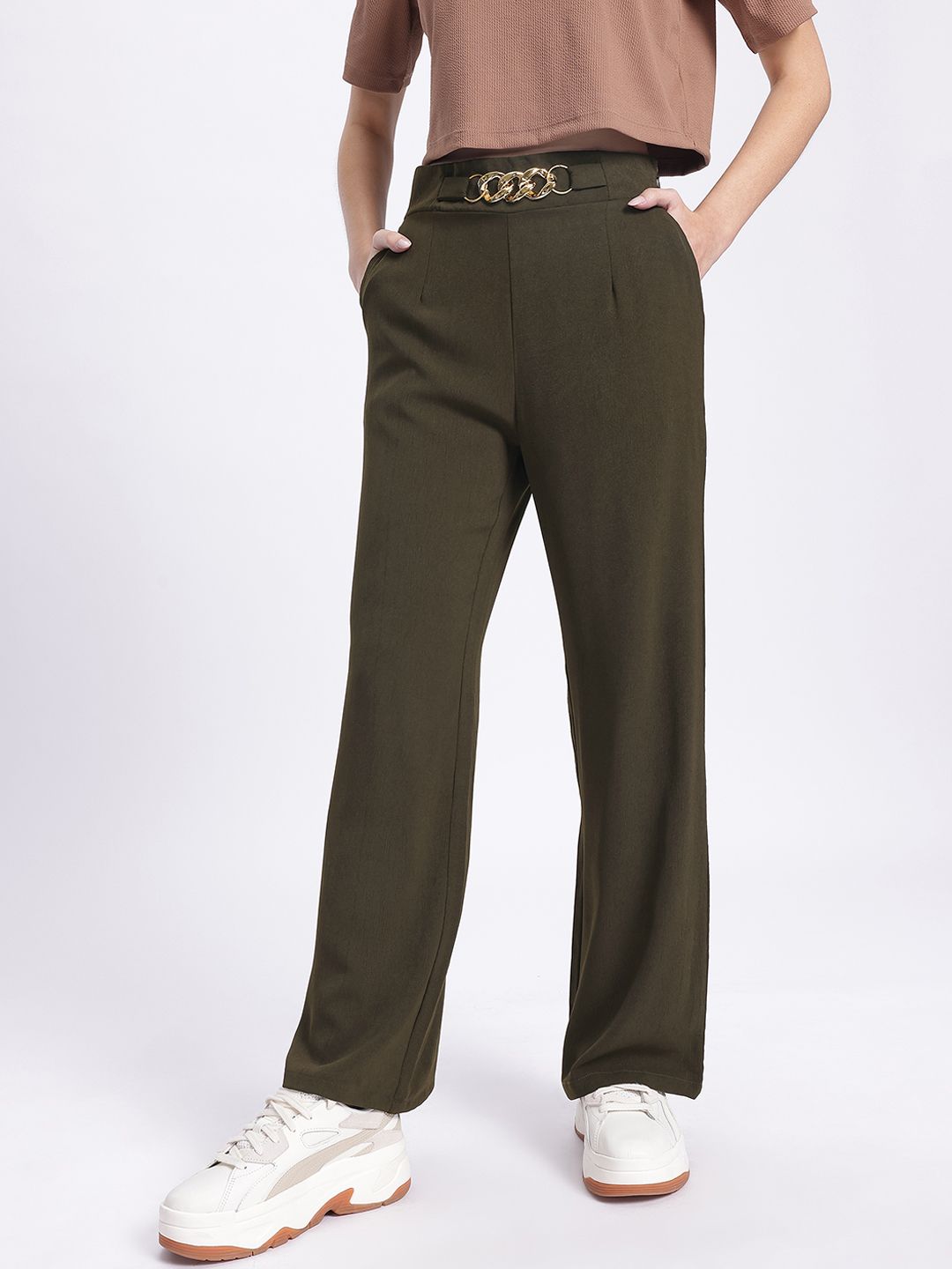 DressBerry Women Versatile Vibes Textured Buckled Trousers