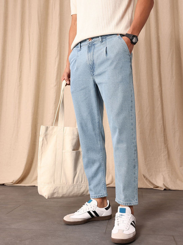 Mr Bowerbird Men Tapered Cropped Fit Light Fade Stretchable Pleated Jeans