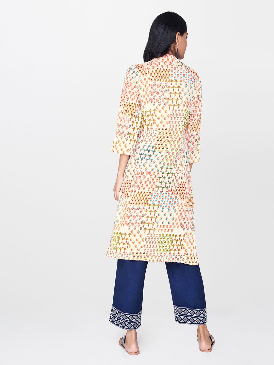 Global Desi Women Off-White & Orange Printed A-Line Kurta