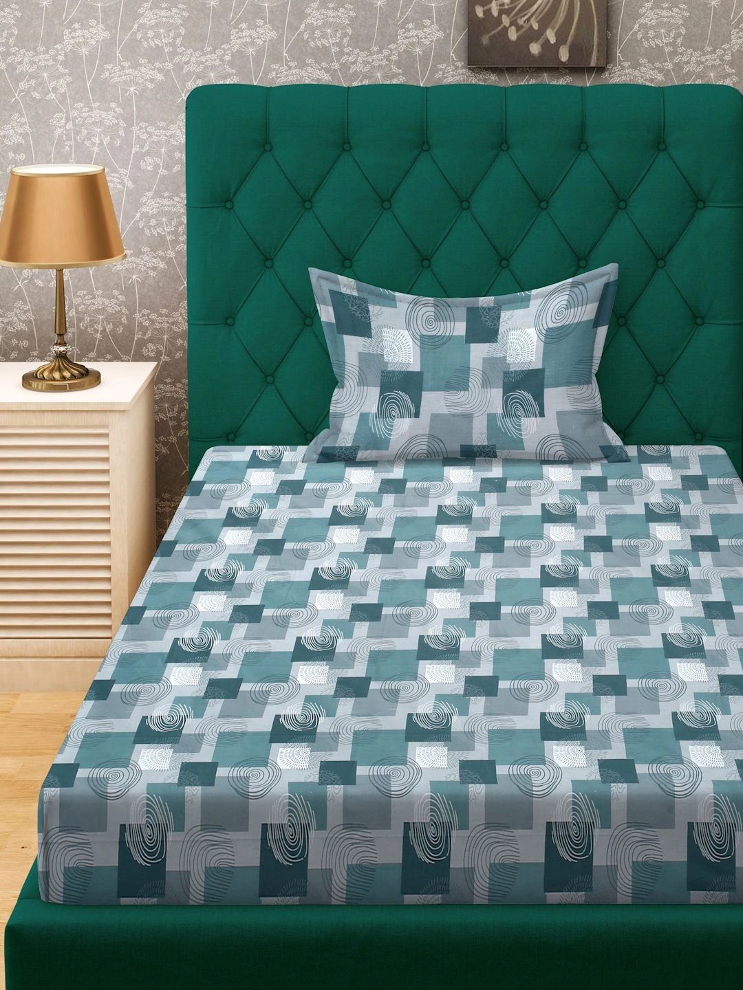 Moda Rapido X KLOTTHE Green & Grey Geometric 400 TC Single Bedsheet with 1 Pillow Covers
