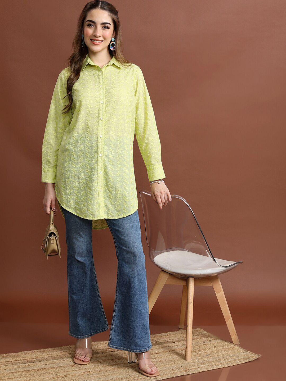 Vishudh Lime Green Floral Embroidered Casual Shirt