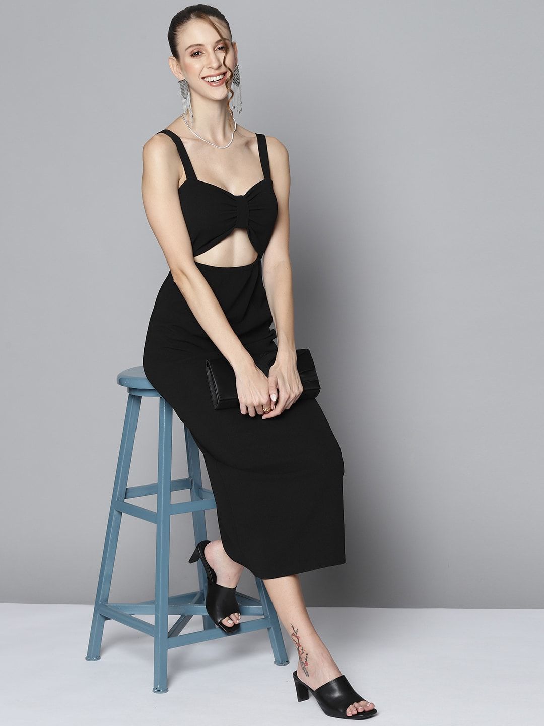 SASSAFRAS Women Black Textured Sheath Midi Dress