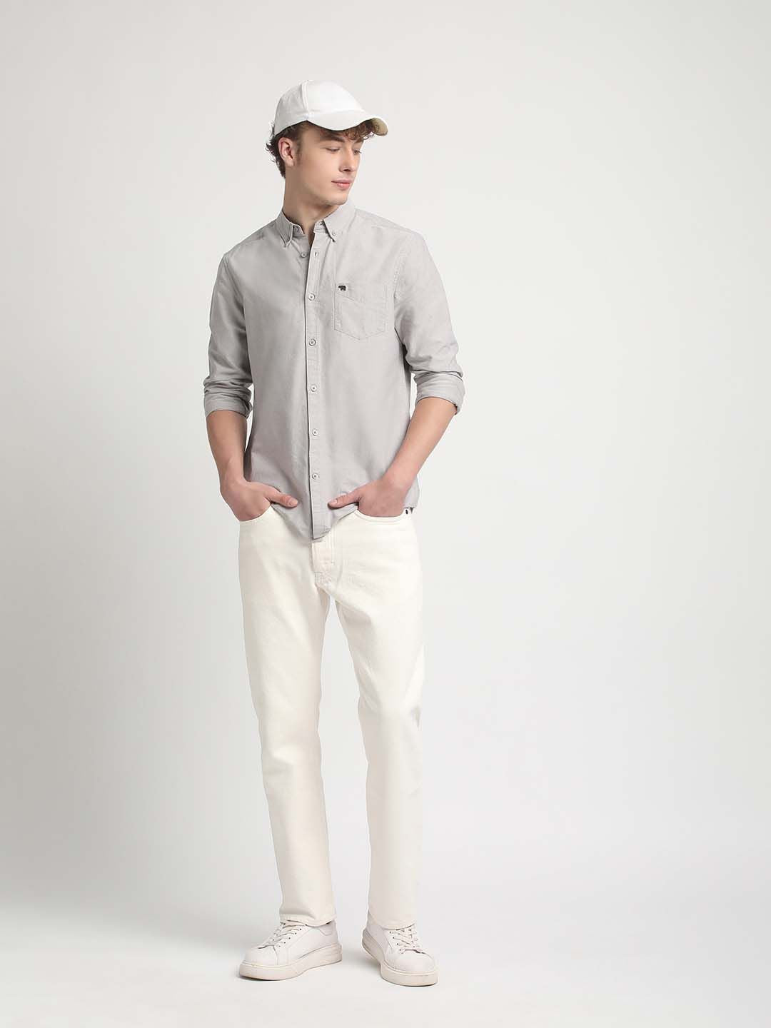 THE BEAR HOUSE Slim Fit Button Down Collar Chest Pocket Pure Cotton Casual Shirt