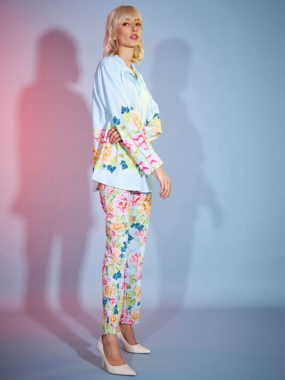 SASSAFRAS Turquoise Blue Floral Print Shirt With Tapered Trousers