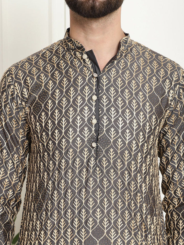 SOJANYA Kurta Katun Tulen Bersulam Geometrik Kolar Mandarin Lurus