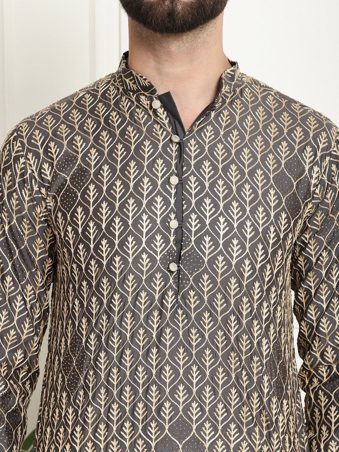 SOJANYA Kurta Katun Tulen Bersulam Geometrik Kolar Mandarin Lurus