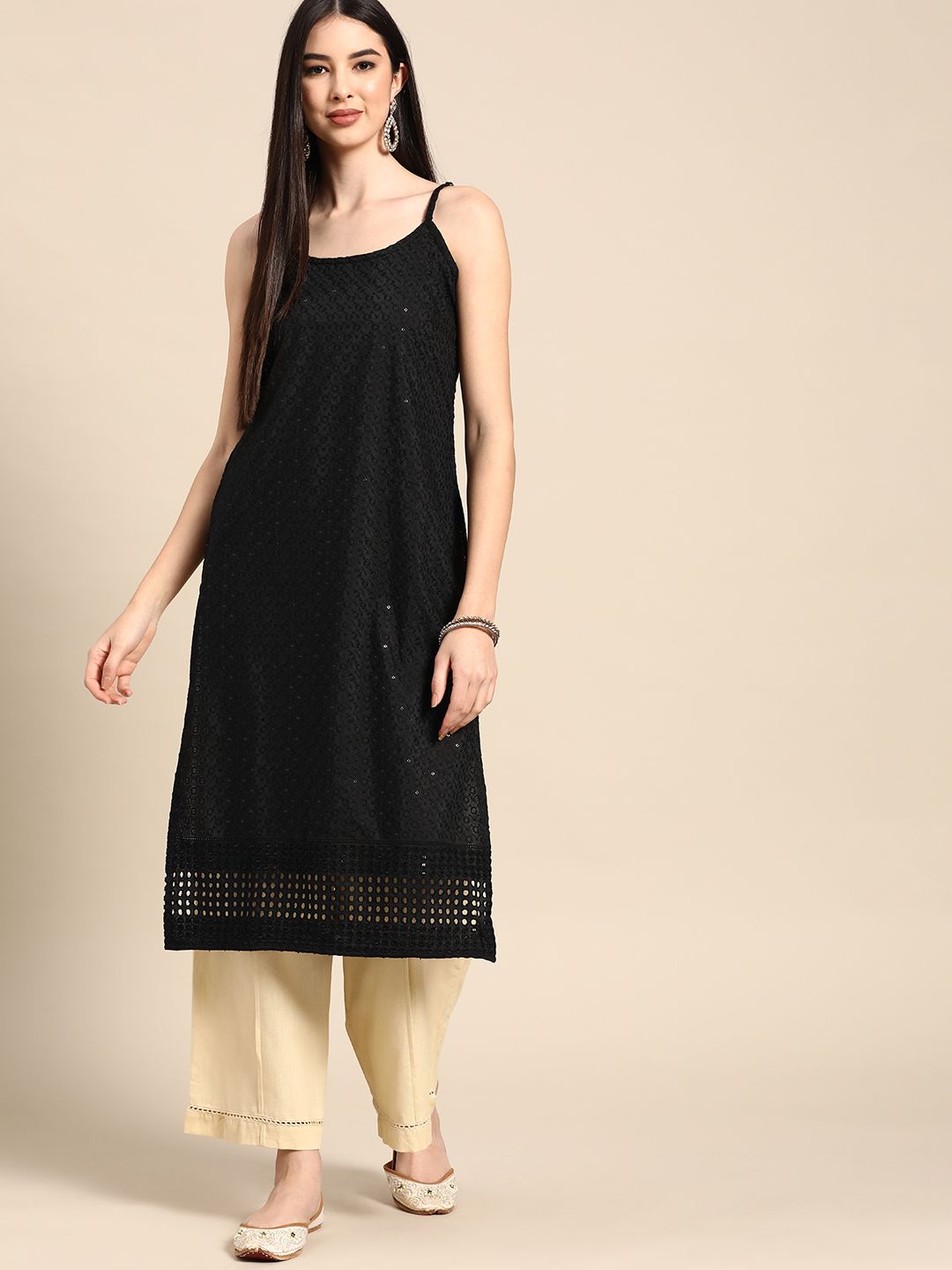 Anouk Women Black Cotton Ethnic Motifs Schiffli Embroidered Fusion Kurta