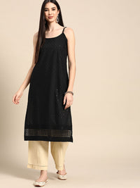 Anouk Women Black Cotton Ethnic Motifs Schiffli Embroidered Fusion Kurta