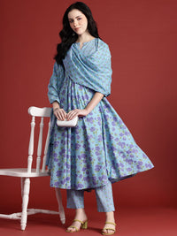 Anouk Floral Print Kurta with Trousers & Dupatta