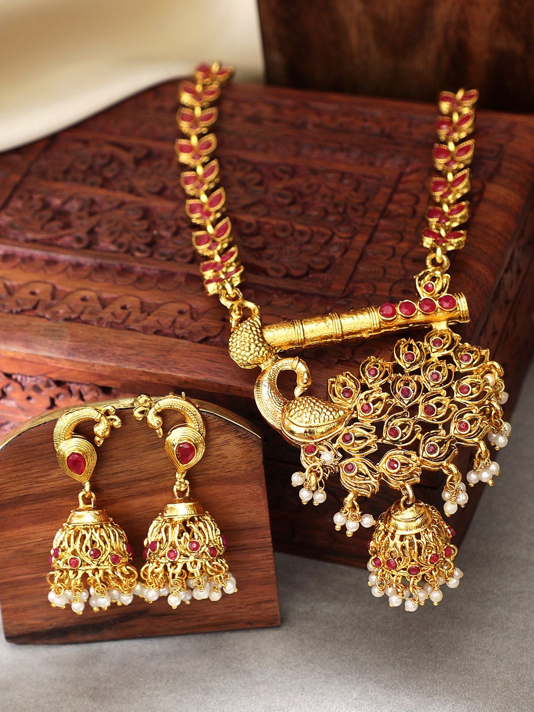 Rubans Women Gold-Plated & Pink Handcrafted Faux Ruby Studded Jewellery Set