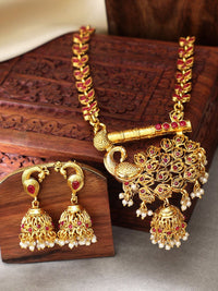 Rubans Women Gold-Plated & Pink Handcrafted Faux Ruby Studded Jewellery Set