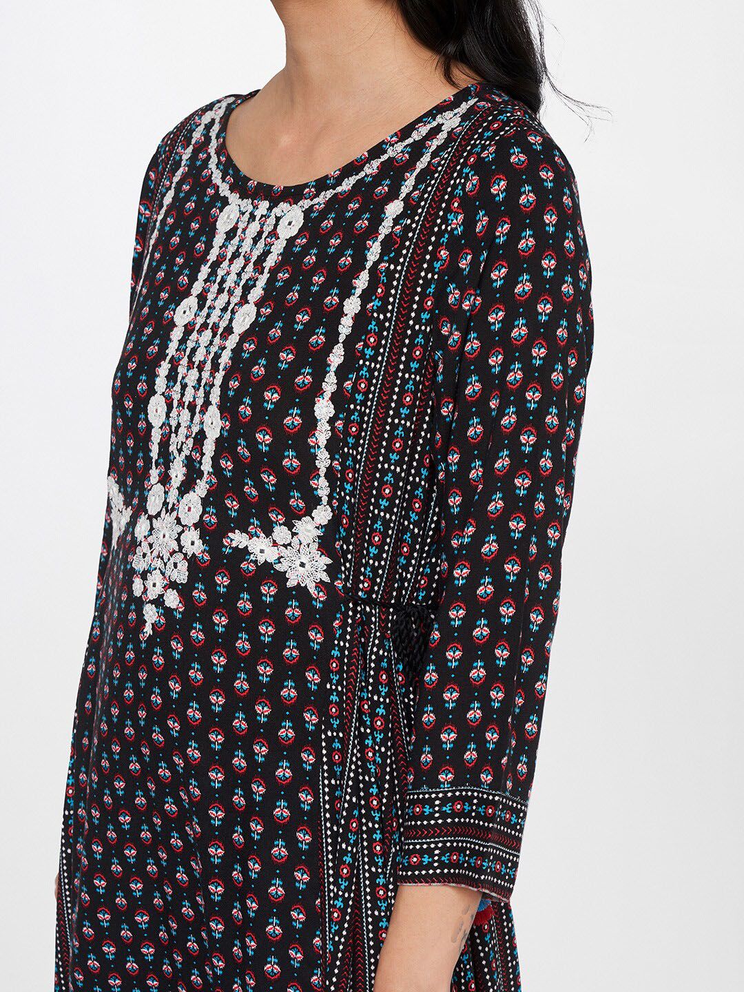Global Desi Women Black Ethnic Motifs Printed Thread Work Anarkali Kurta