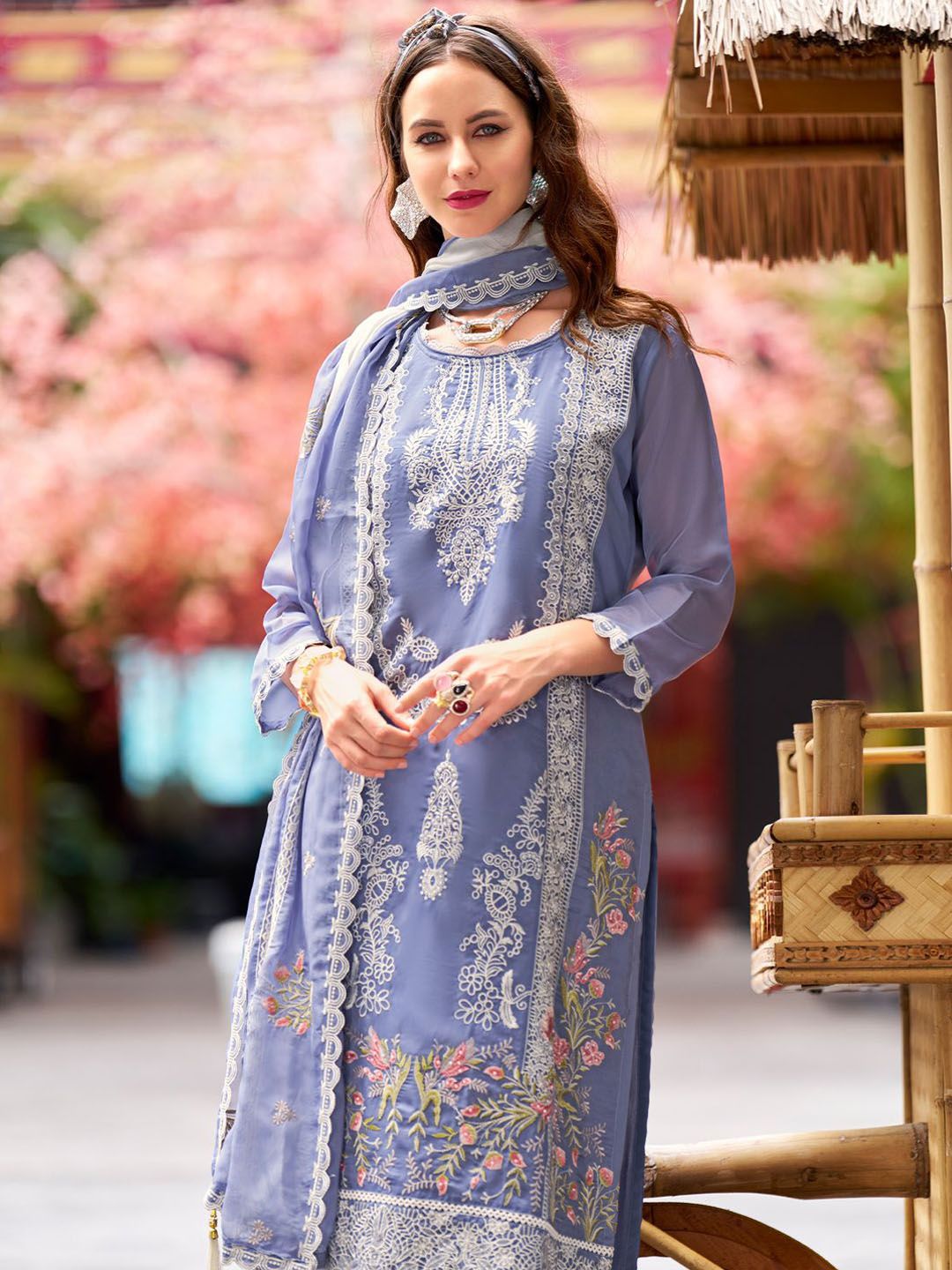 Indo Era Floral Embroidered Round Neck Thread Work Straight Kurta With Trousers & Dupatta