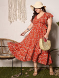 Berrylush Curve Women Floral Print Flutter Sleeve Fit & Flare Midi Dress