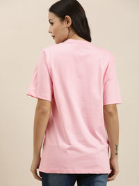 Difference of Opinion Women Pink Typography Printed Pure Cotton Oversized T-Shirt
