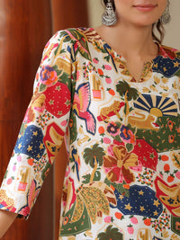 Rain & Rainbow Printed Pure Cotton Round Neck Tunic With Trousers
