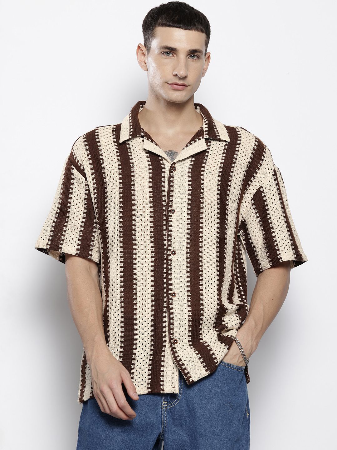 The Indian Garage Co Men Textured Open Weave Knitted Relaxed Fit Shirt