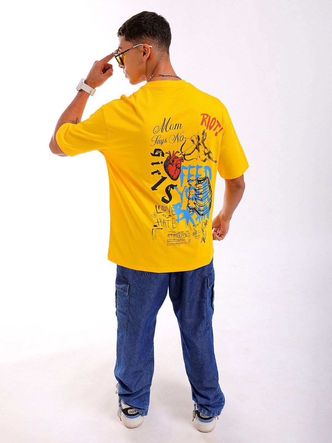 The Indian Garage Co Men Back Printed Boxy Oversized Round Neck Pure Cotton T-shirt